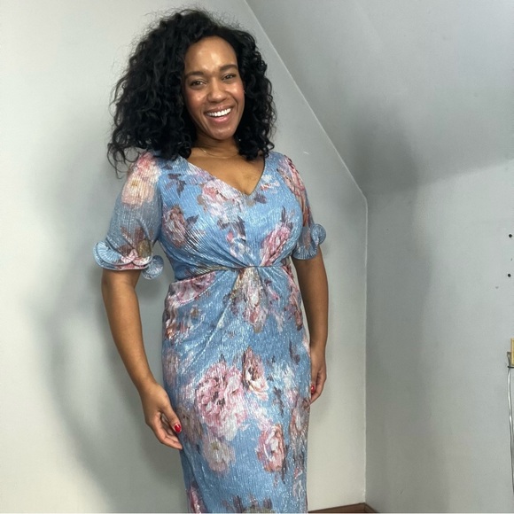 Adrianna Papell blue floral evening gown cocktail formal dress MOB black tie 12 - Picture 5 of 15